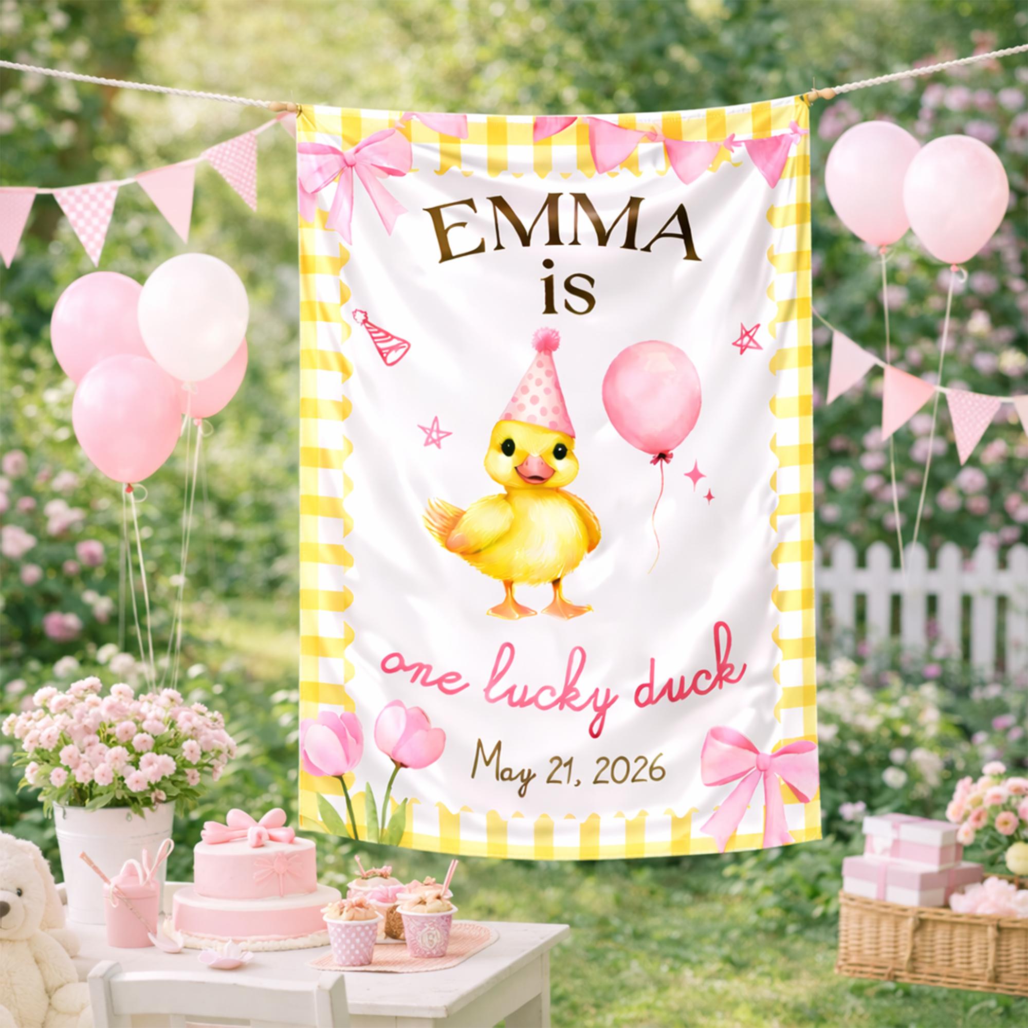 Customized Lucky Duck 1st Birthday Silk Banner with Emma's Name, Yellow Duck Party Backdrop Pink Gingham Bow Decoration for May 21, 2026