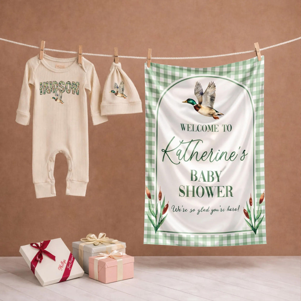 Customized Mallard Duck Baby Shower Gift Set, Southern Boy Silk Welcome Sign, Duck Hunting Baby Bodysuit