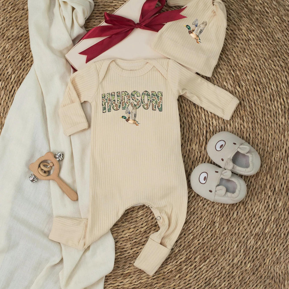 Customized Mallard Duck Baby Shower Gift Set, Southern Boy Silk Welcome Sign, Duck Hunting Baby Bodysuit