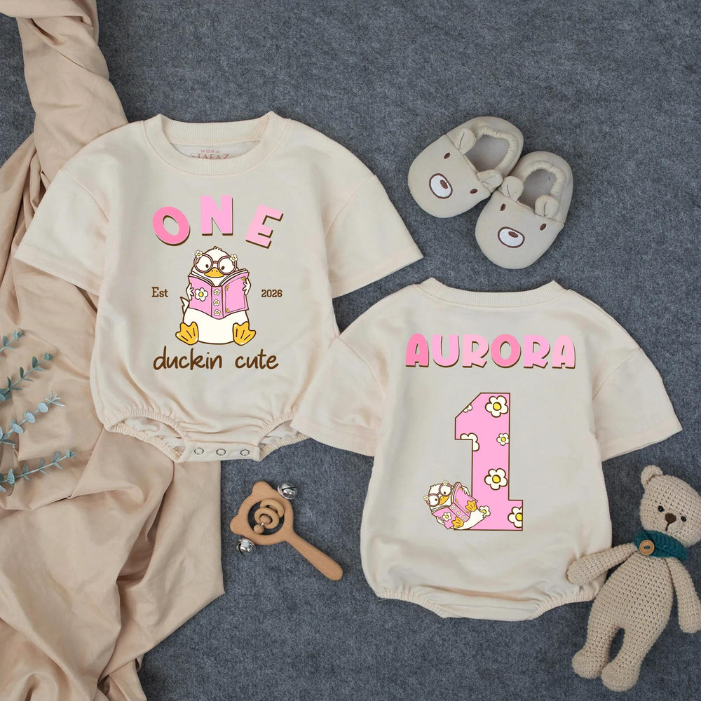 Customized One Duckin’ Cute Bubble Romper for Baby Girls, Groovy First Birthday Outfit with Pink and Brown Design, Soft Cotton Party Clothes