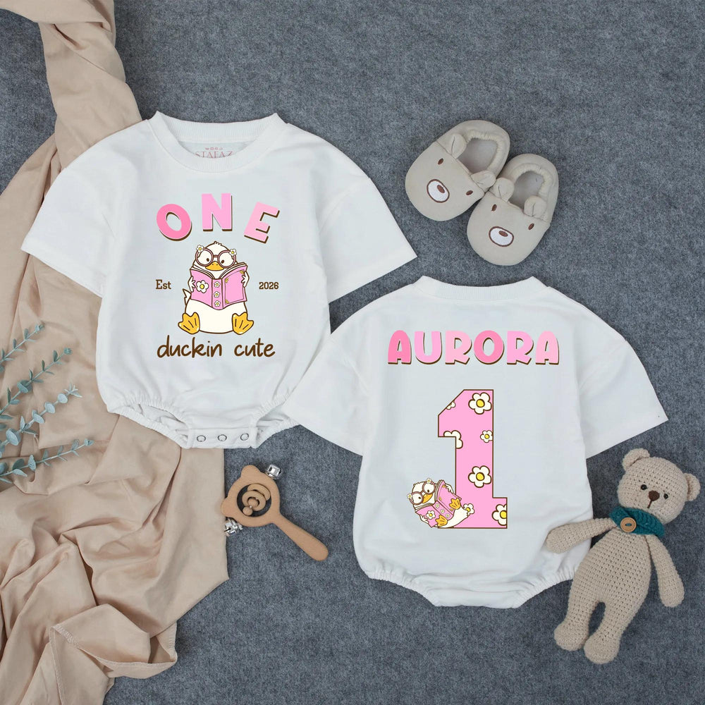 Customized One Duckin’ Cute Bubble Romper for Baby Girls, Groovy First Birthday Outfit with Pink and Brown Design, Soft Cotton Party Clothes