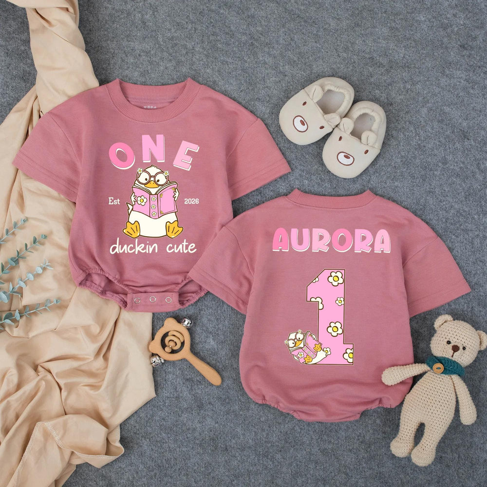 Customized One Duckin’ Cute Bubble Romper for Baby Girls, Groovy First Birthday Outfit with Pink and Brown Design, Soft Cotton Party Clothes