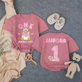 Customized One Duckin’ Cute Bubble Romper for Baby Girls, Groovy First Birthday Outfit with Pink and Brown Design, Soft Cotton Party Clothes
