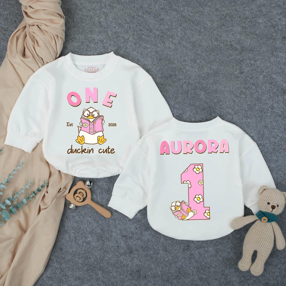 Customized One Duckin’ Cute Bubble Romper for Baby Girls, Groovy First Birthday Outfit with Pink and Brown Design, Soft Cotton Party Clothes
