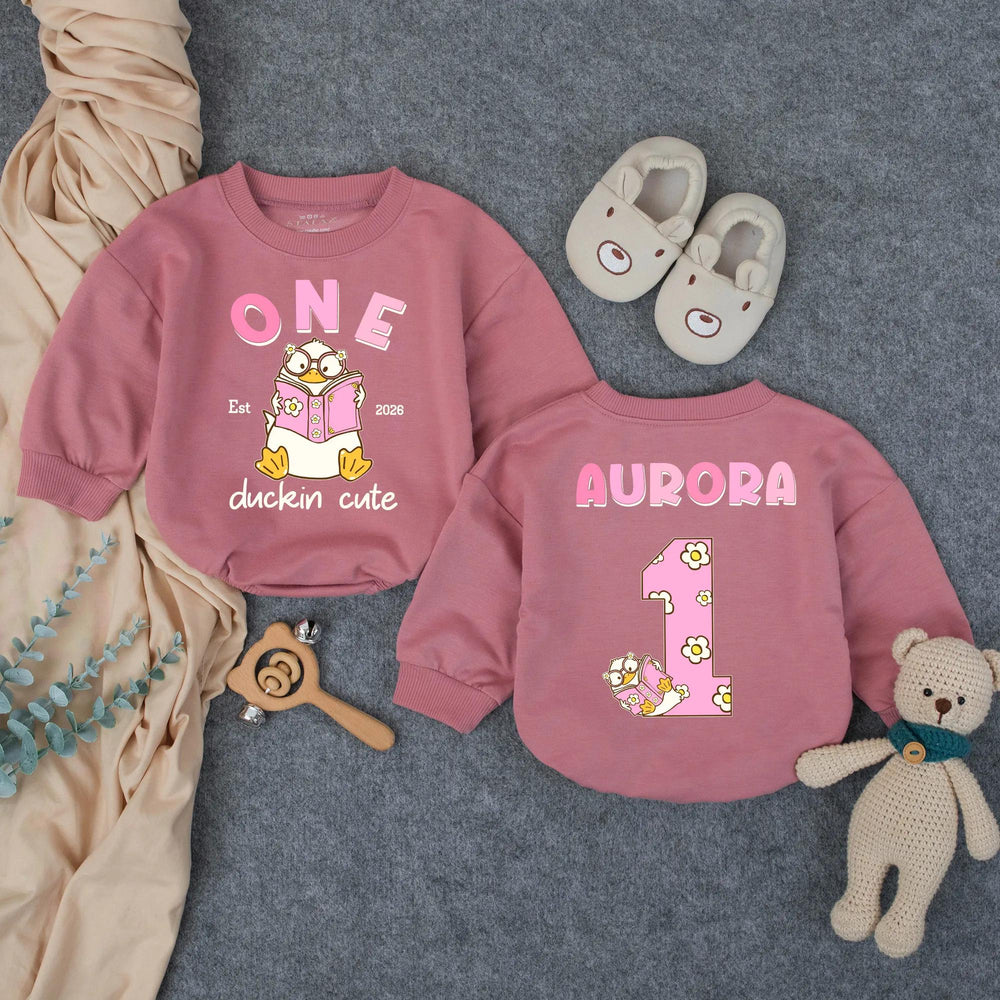 Customized One Duckin’ Cute Bubble Romper for Baby Girls, Groovy First Birthday Outfit with Pink and Brown Design, Soft Cotton Party Clothes
