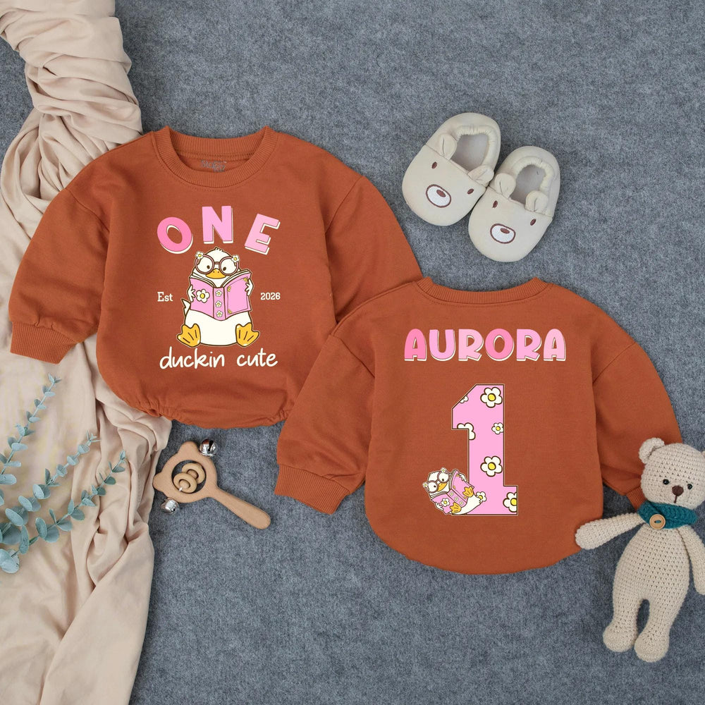 Customized One Duckin’ Cute Bubble Romper for Baby Girls, Groovy First Birthday Outfit with Pink and Brown Design, Soft Cotton Party Clothes
