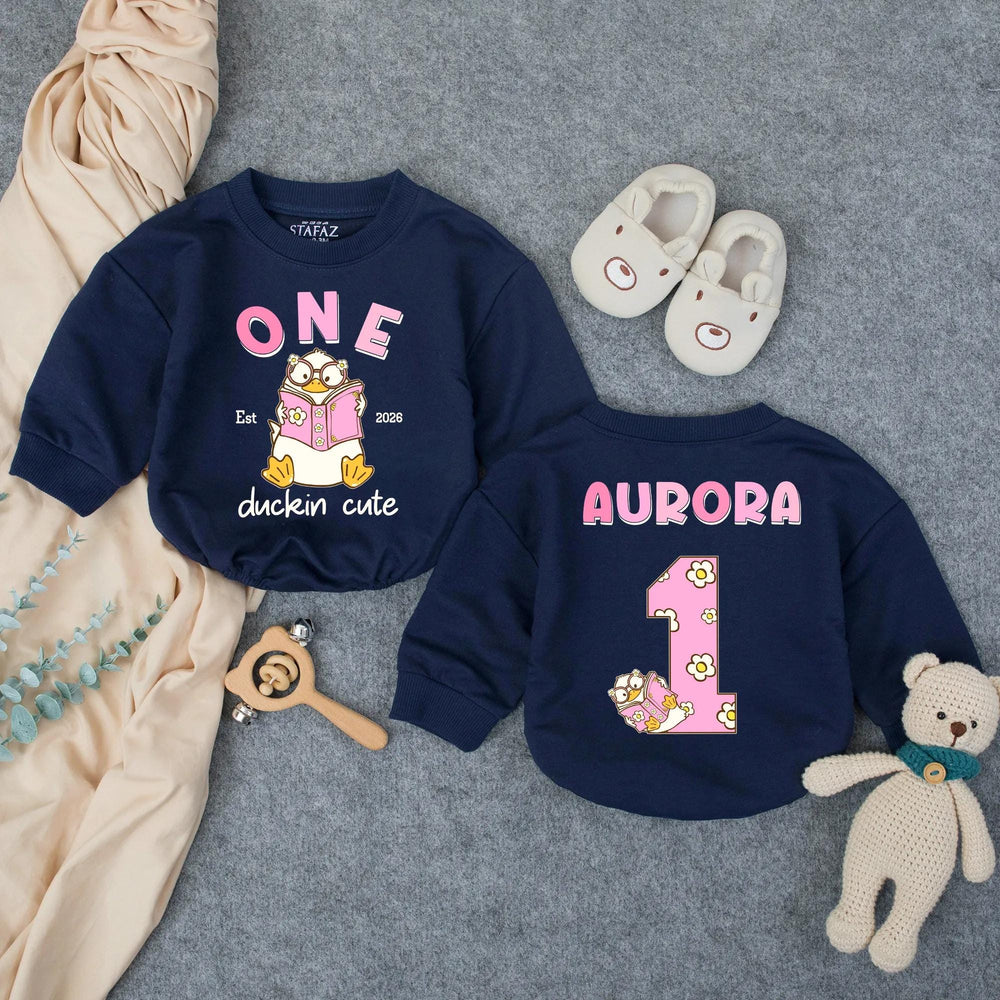 Customized One Duckin’ Cute Bubble Romper for Baby Girls, Groovy First Birthday Outfit with Pink and Brown Design, Soft Cotton Party Clothes