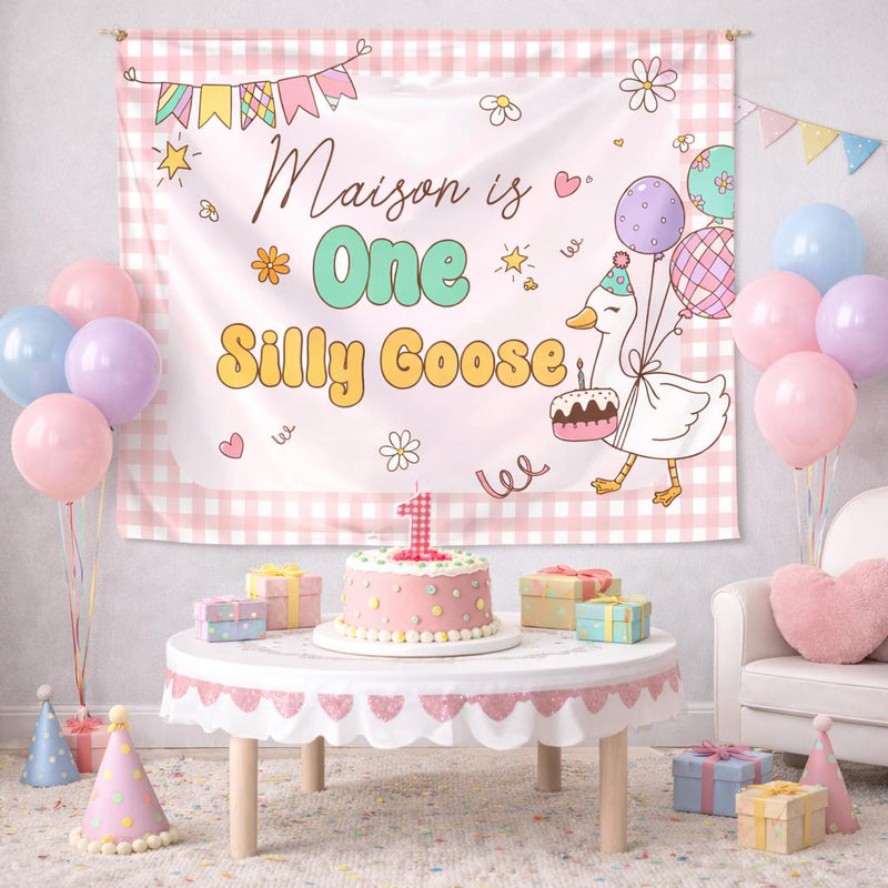 Customized One Silly Goose Birthday Banner with Pastel Gingham and Cartoon Goose for Baby Girl First Party, Name and Date Personalized
