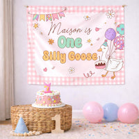 Customized One Silly Goose Birthday Banner with Pastel Gingham and Cartoon Goose for Baby Girl First Party, Name and Date Personalized