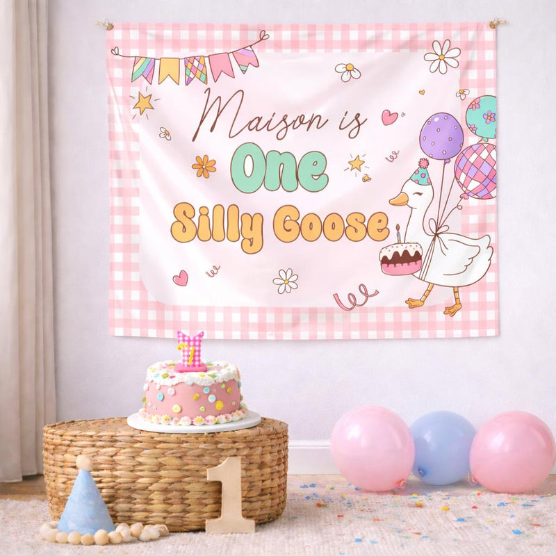 Customized One Silly Goose Birthday Banner with Pastel Gingham and Cartoon Goose for Baby Girl First Party, Name and Date Personalized