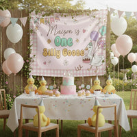 Customized One Silly Goose Birthday Banner with Pastel Gingham and Cartoon Goose for Baby Girl First Party, Name and Date Personalized