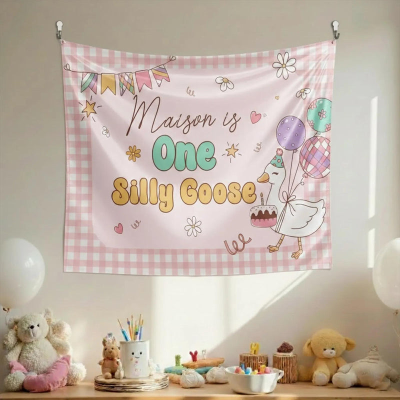 Customized One Silly Goose Birthday Banner with Pastel Gingham and Cartoon Goose for Baby Girl First Party, Name and Date Personalized