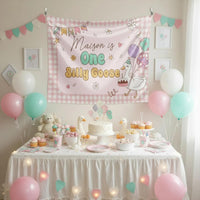 Customized One Silly Goose Birthday Banner with Pastel Gingham and Cartoon Goose for Baby Girl First Party, Name and Date Personalized