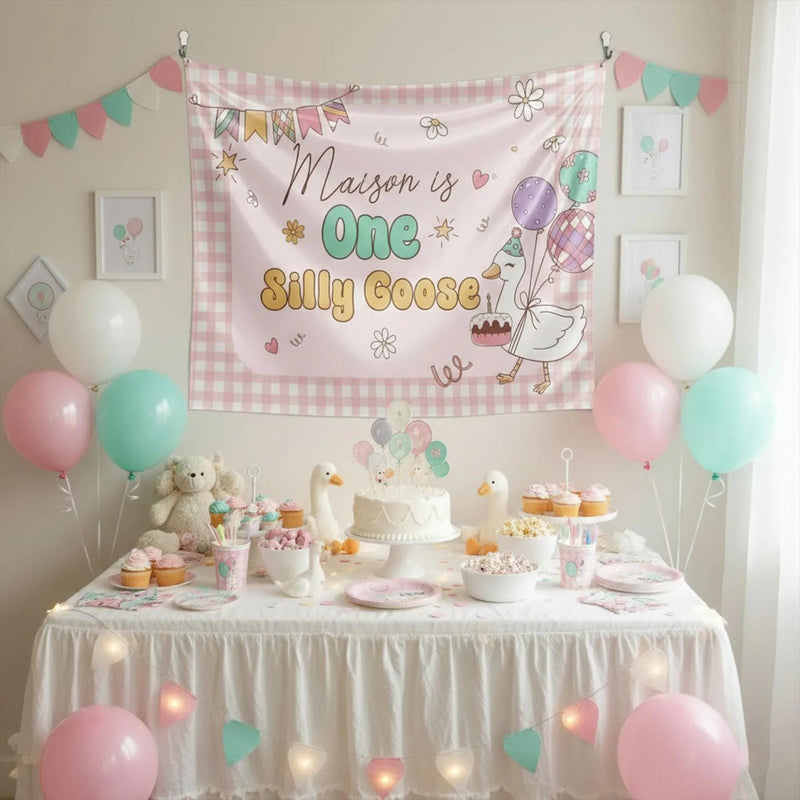 Customized One Silly Goose Birthday Banner with Pastel Gingham and Cartoon Goose for Baby Girl First Party, Name and Date Personalized