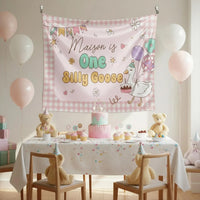 Customized One Silly Goose Birthday Banner with Pastel Gingham and Cartoon Goose for Baby Girl First Party, Name and Date Personalized