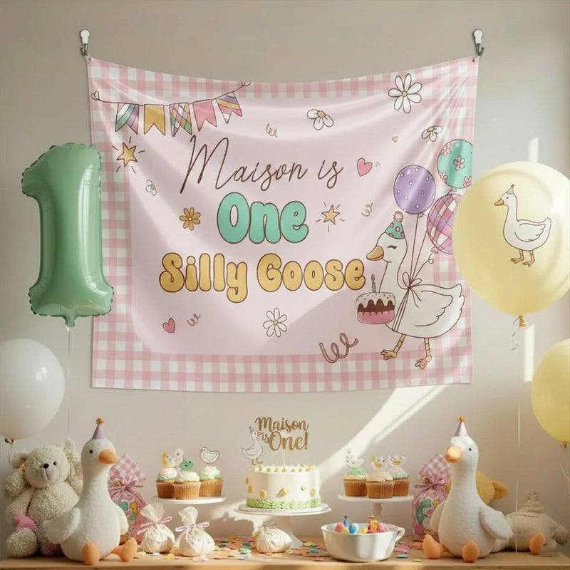Customized One Silly Goose Birthday Banner with Pastel Gingham and Cartoon Goose for Baby Girl First Party, Name and Date Personalized