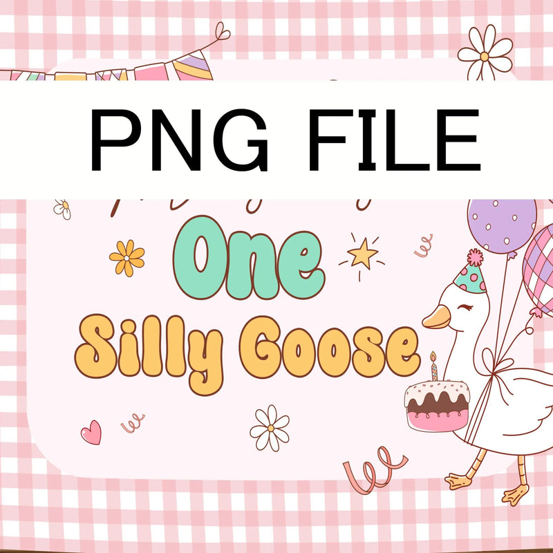 Customized One Silly Goose Birthday Banner with Pastel Gingham and Cartoon Goose for Baby Girl First Party, Name and Date Personalized