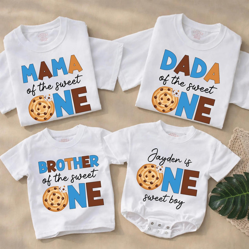 Customized One Sweet Boy Birthday Cookie Outfit Toddler Romper or Family Matching Shirts, Soft Cotton Party Clothes for 1st Celebration