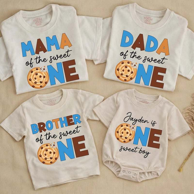 Customized One Sweet Boy Birthday Cookie Outfit Toddler Romper or Family Matching Shirts, Soft Cotton Party Clothes for 1st Celebration