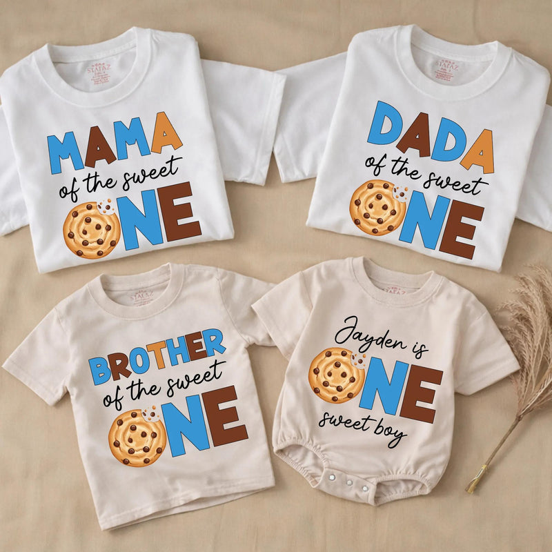 Customized One Sweet Boy Birthday Cookie Outfit Toddler Romper or Family Matching Shirts, Soft Cotton Party Clothes for 1st Celebration