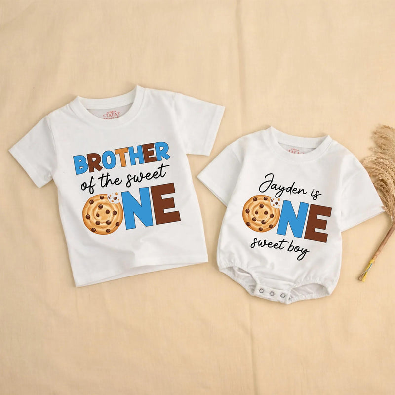 Customized One Sweet Boy Birthday Cookie Outfit Toddler Romper or Family Matching Shirts, Soft Cotton Party Clothes for 1st Celebration