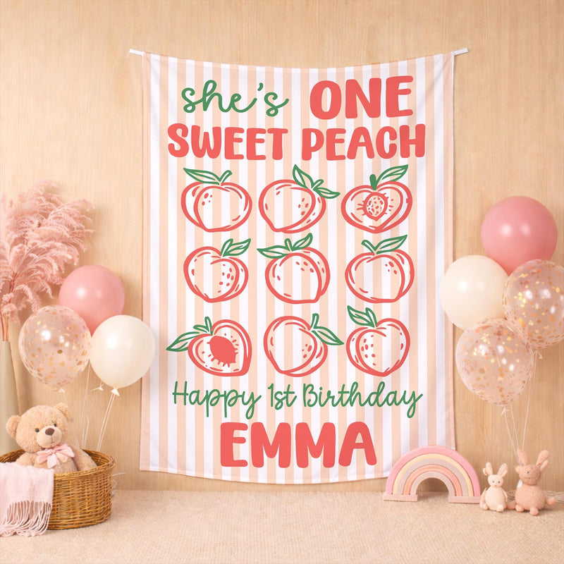 Customized One Sweet Peach 1st Birthday Banner for Baby Girl Party, Peach and Coral Backdrop with Name and Age, Whimsical Celebration Decor