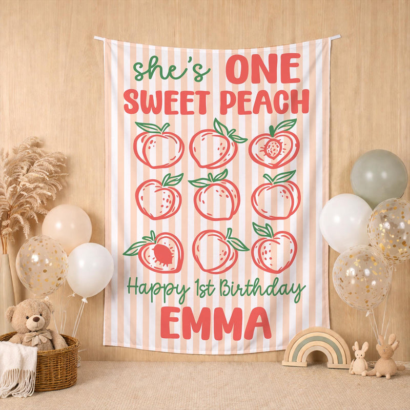 Customized One Sweet Peach 1st Birthday Banner for Baby Girl Party, Peach and Coral Backdrop with Name and Age, Whimsical Celebration Decor