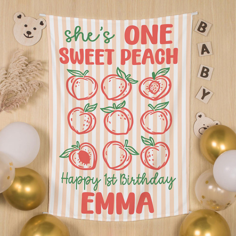 Customized One Sweet Peach 1st Birthday Banner for Baby Girl Party, Peach and Coral Backdrop with Name and Age, Whimsical Celebration Decor