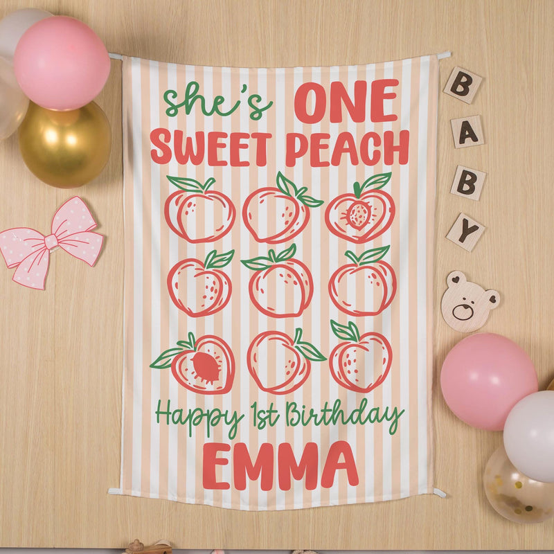 Customized One Sweet Peach 1st Birthday Banner for Baby Girl Party, Peach and Coral Backdrop with Name and Age, Whimsical Celebration Decor