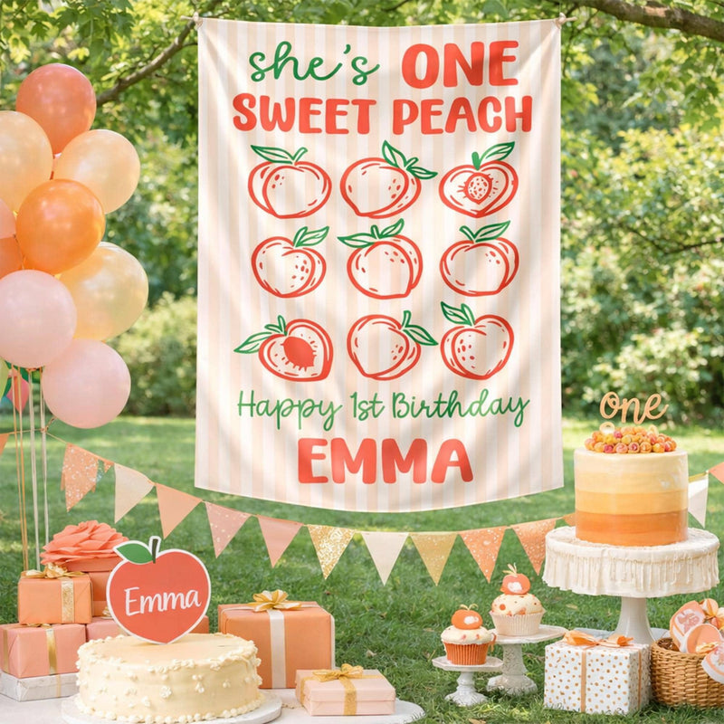 Customized One Sweet Peach 1st Birthday Banner for Baby Girl Party, Peach and Coral Backdrop with Name and Age, Whimsical Celebration Decor