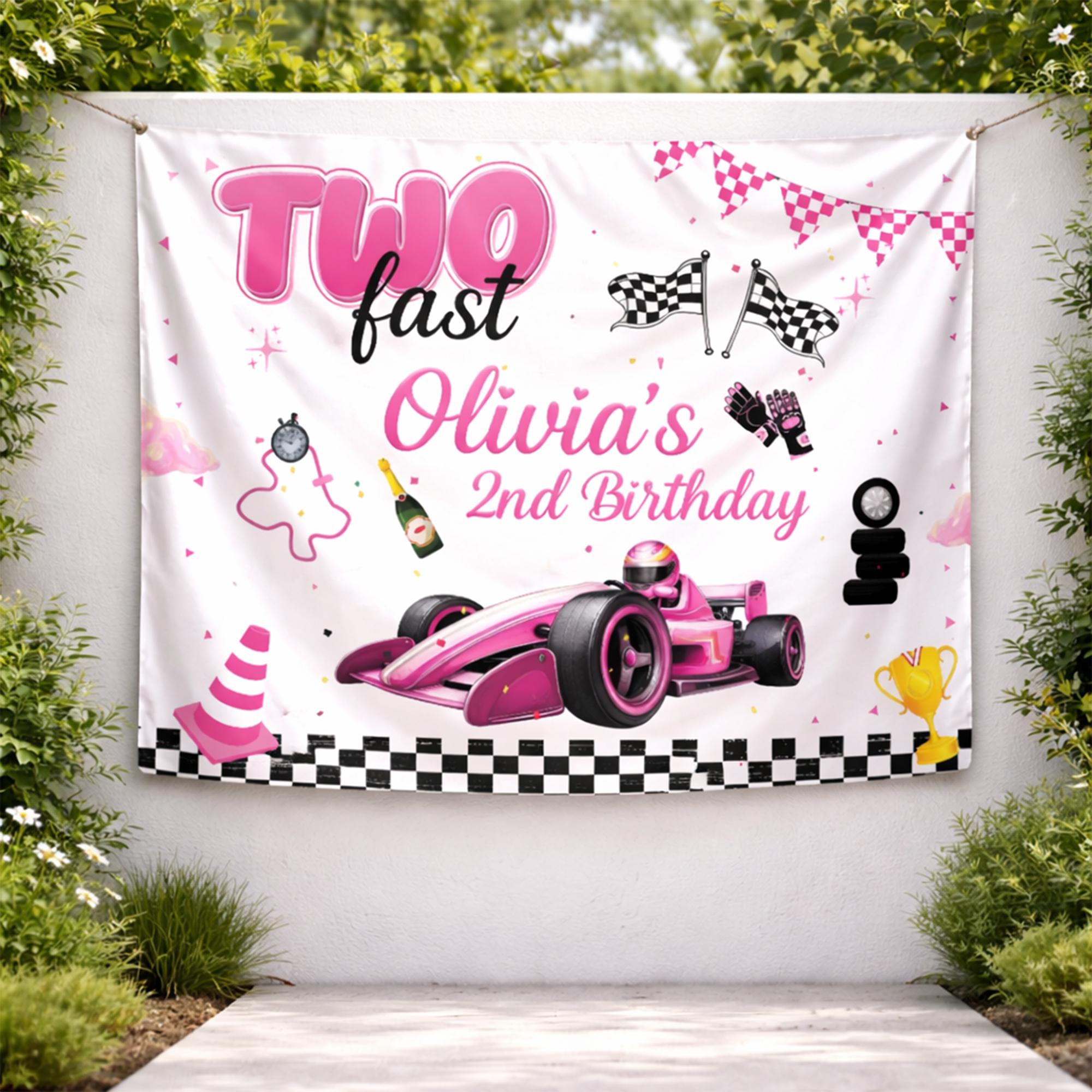Customized Pink Race Car Birthday Banner for Two Fast Party Backdrop, Personalized Girl Celebration Decor with Vibrant Cartoon Design