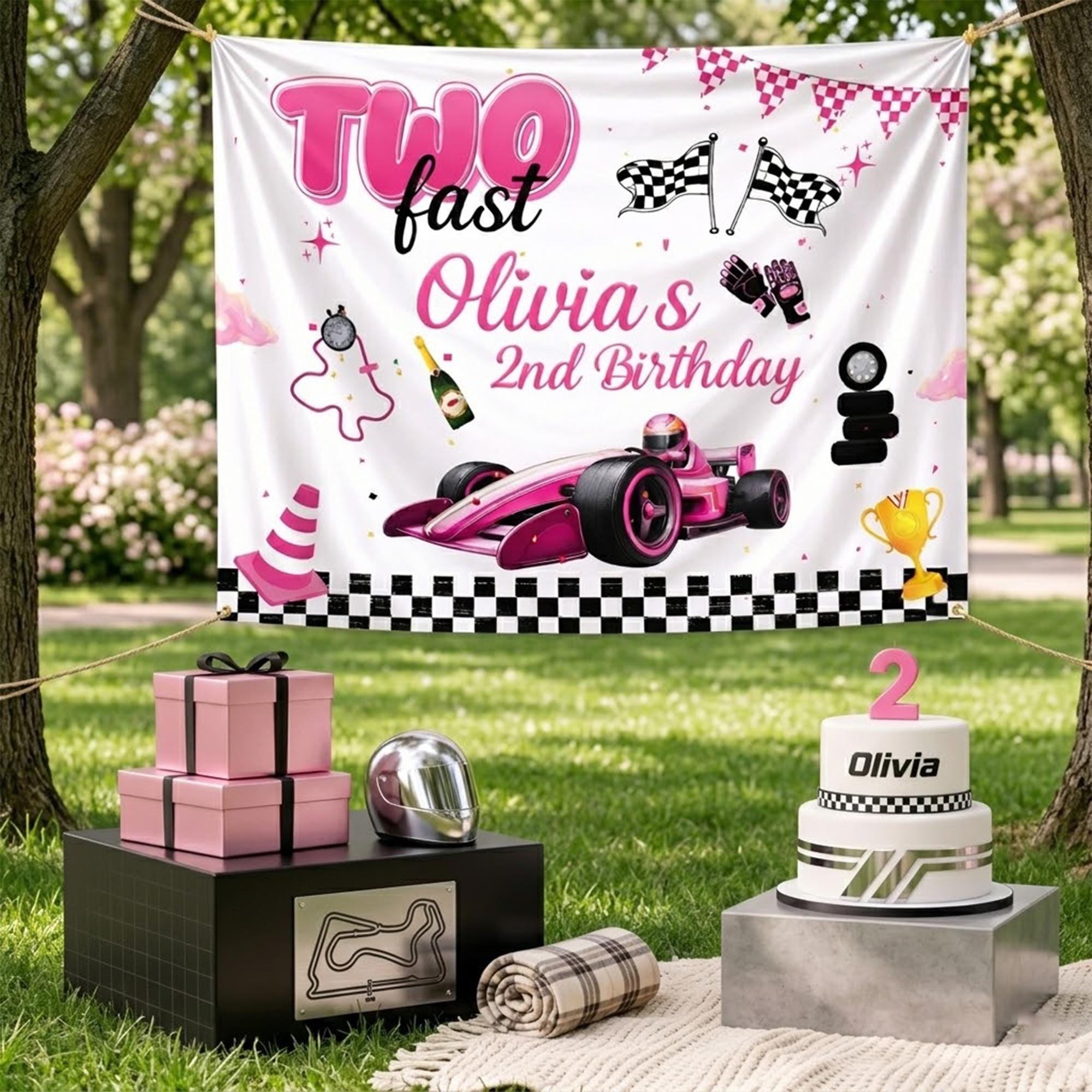 Customized Pink Race Car Birthday Banner for Two Fast Party Backdrop, Personalized Girl Celebration Decor with Vibrant Cartoon Design