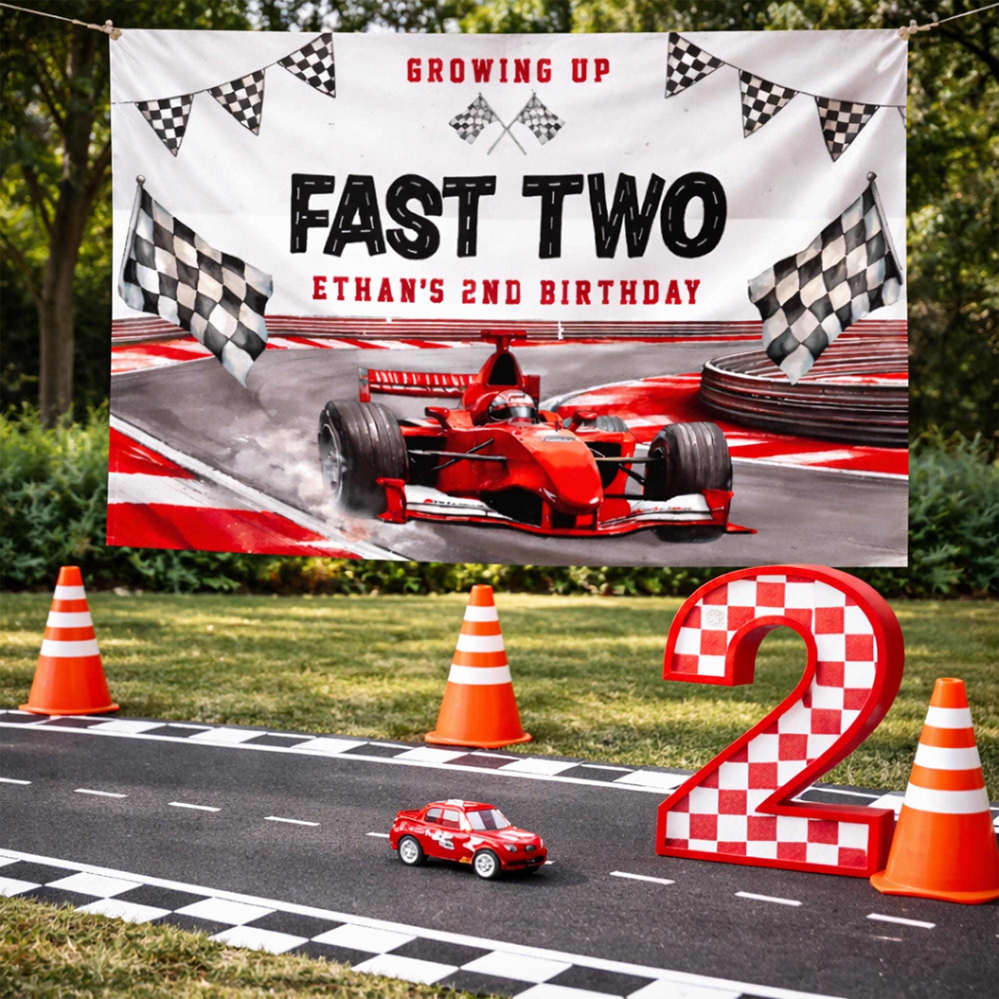 Customized Race Car Birthday Banner for Ethan's 2nd Birthday Party Backdrop with Two Fast Theme in Red, Grey, and Black Design