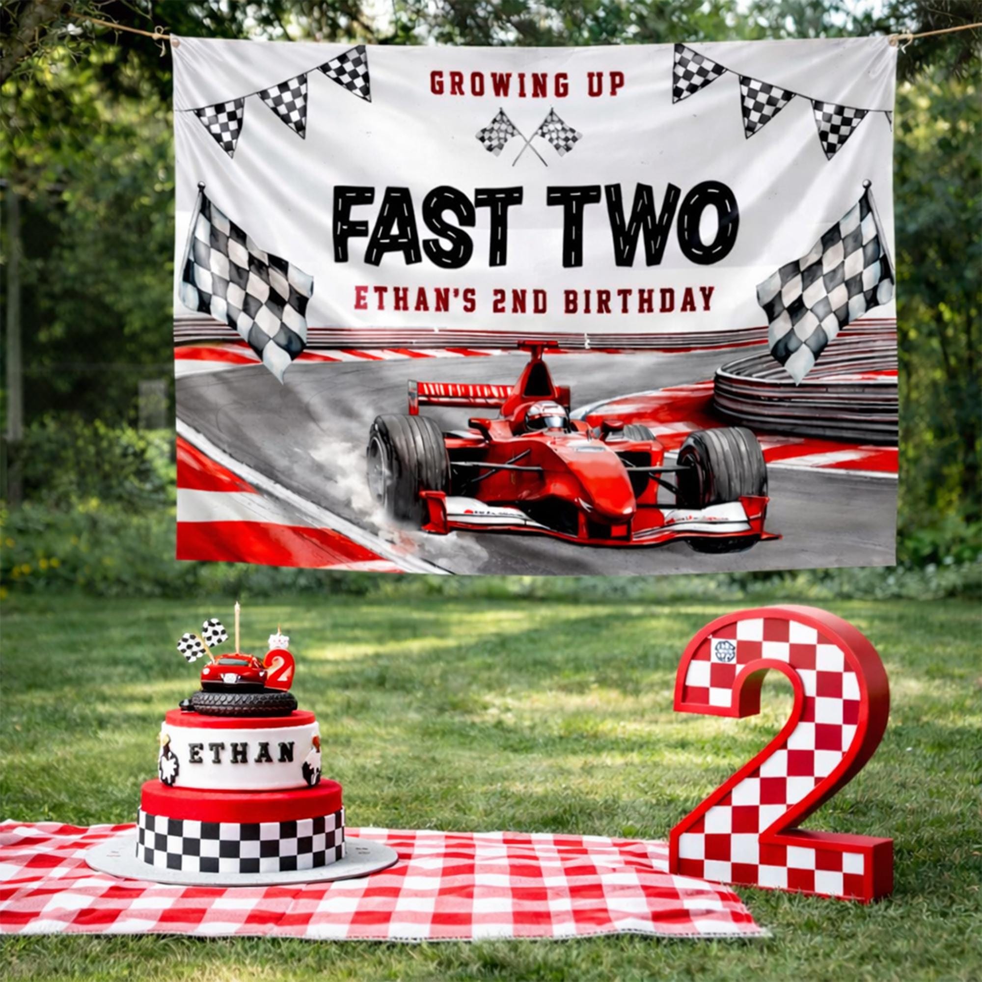 Customized Race Car Birthday Banner for Ethan's 2nd Birthday Party Backdrop with Two Fast Theme in Red, Grey, and Black Design