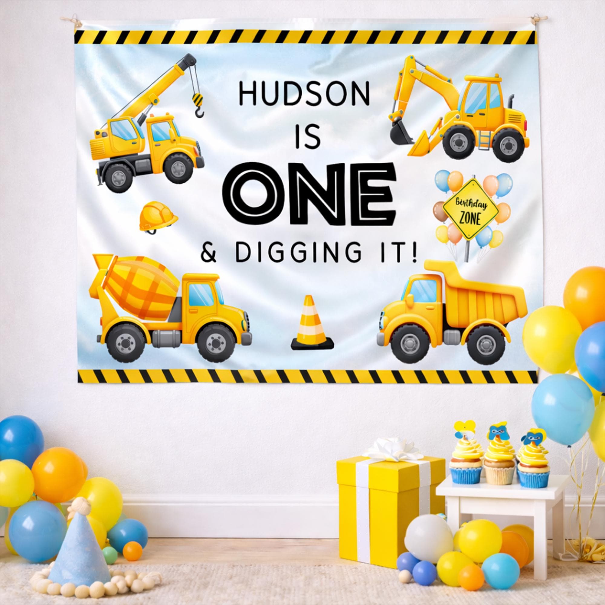Customized Silk 1st Birthday Banner for Boys with Dump Truck Design, Construction Party Backdrop, Personalized Name Decoration