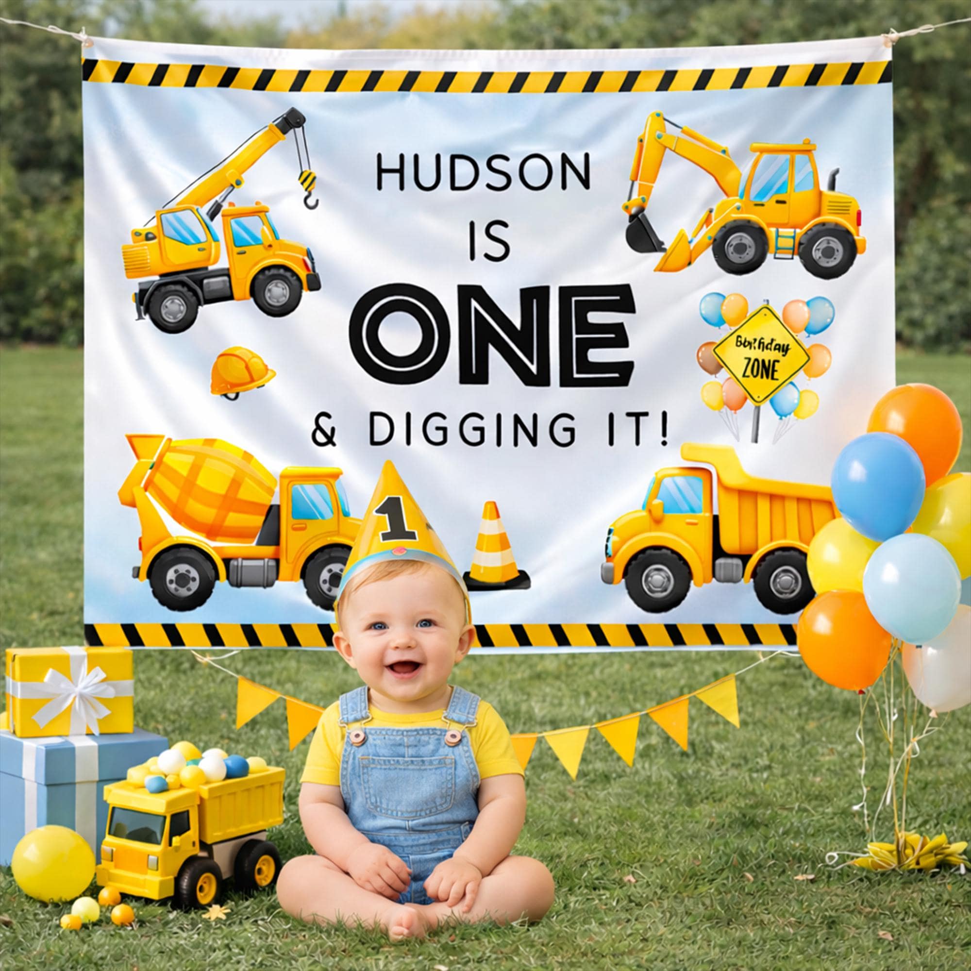 Customized Silk 1st Birthday Banner for Boys with Dump Truck Design, Construction Party Backdrop, Personalized Name Decoration