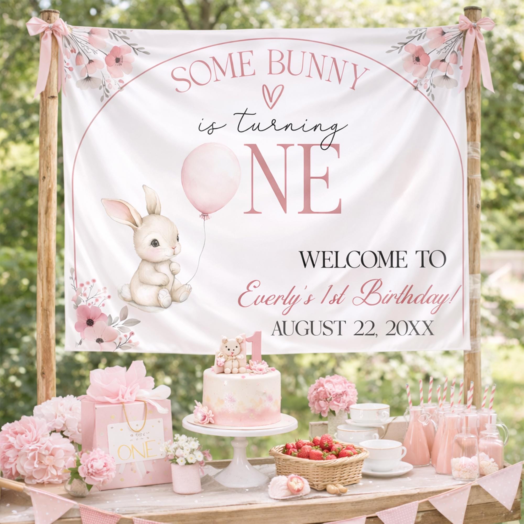 Customized Some Bunny Is One Birthday Banner Soft Dusty Rose Bunny Design Backdrop for Baby's 1st Birthday Easter Party Celebration Decor