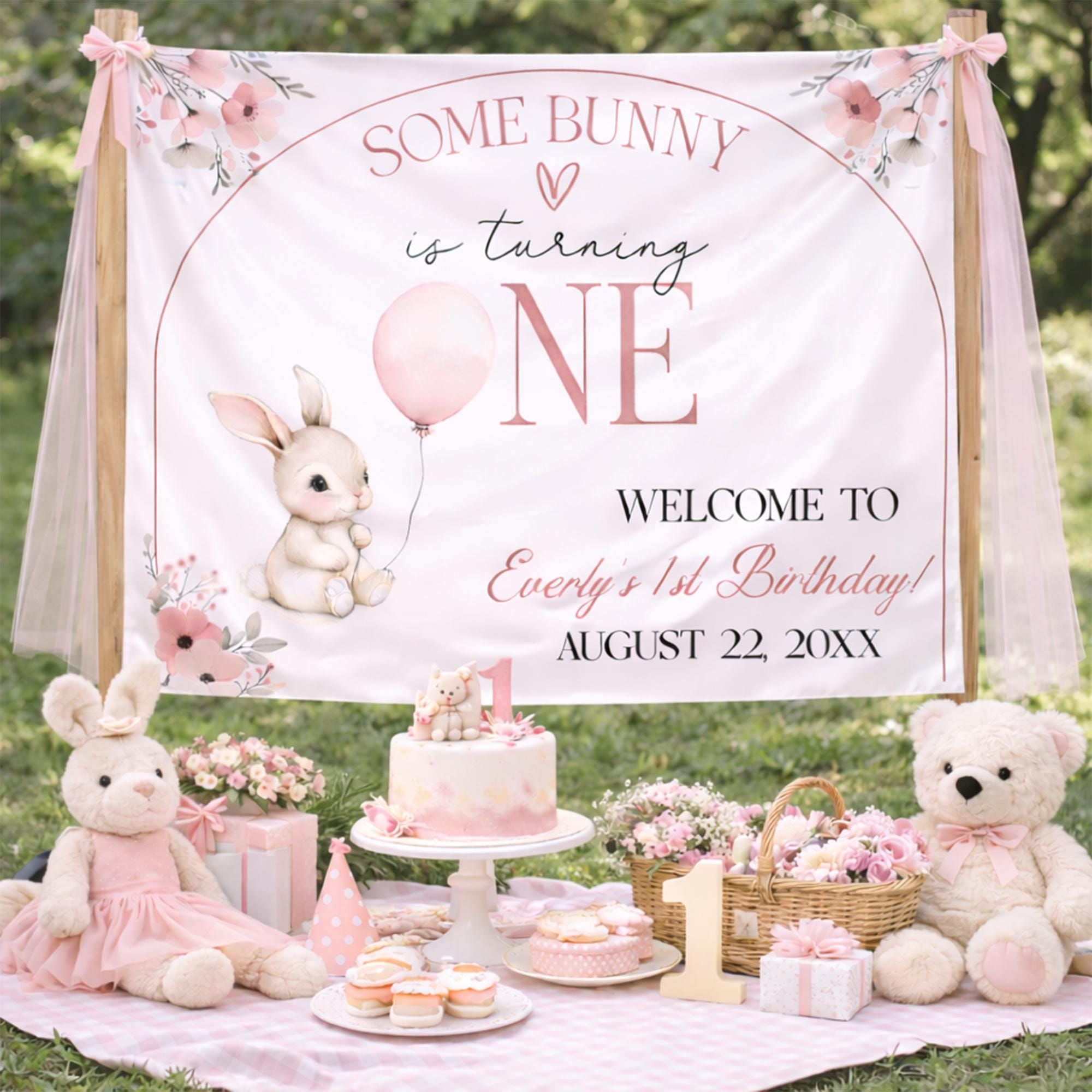Customized Some Bunny Is One Birthday Banner Soft Dusty Rose Bunny Design Backdrop for Baby's 1st Birthday Easter Party Celebration Decor