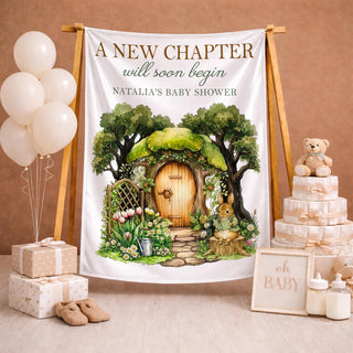 Customized Storybook Baby Shower Welcome Sign with Rustic Woodland Scene and Animals Design, A New Chapter Party Banner Backdrop