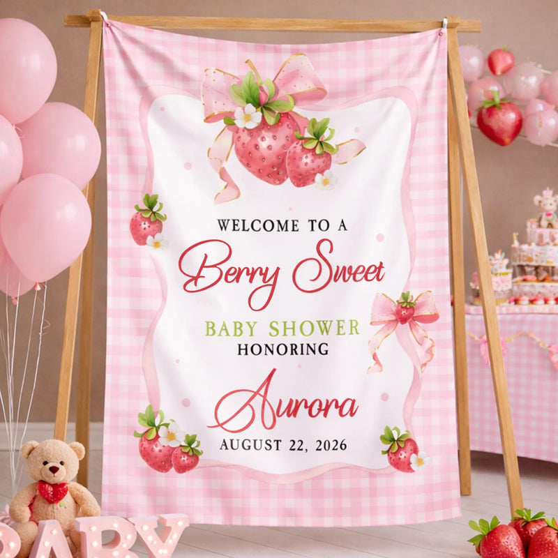 Customized Strawberry Baby Shower Silk Banner with Pink Gingham and Scalloped Border, Girl Baby Shower Decor, Personalized Party Sign