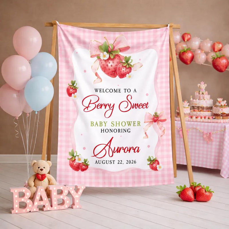 Customized Strawberry Baby Shower Silk Banner with Pink Gingham and Scalloped Border, Girl Baby Shower Decor, Personalized Party Sign