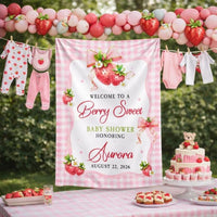 Customized Strawberry Baby Shower Silk Banner with Pink Gingham and Scalloped Border, Girl Baby Shower Decor, Personalized Party Sign