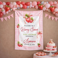 Customized Strawberry Baby Shower Silk Banner with Pink Gingham and Scalloped Border, Girl Baby Shower Decor, Personalized Party Sign