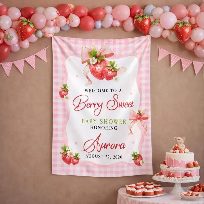 Customized Strawberry Baby Shower Silk Banner with Pink Gingham and Scalloped Border, Girl Baby Shower Decor, Personalized Party Sign