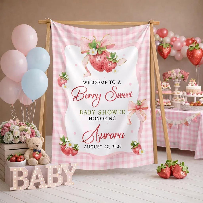 Customized Strawberry Baby Shower Silk Banner with Pink Gingham and Scalloped Border, Girl Baby Shower Decor, Personalized Party Sign