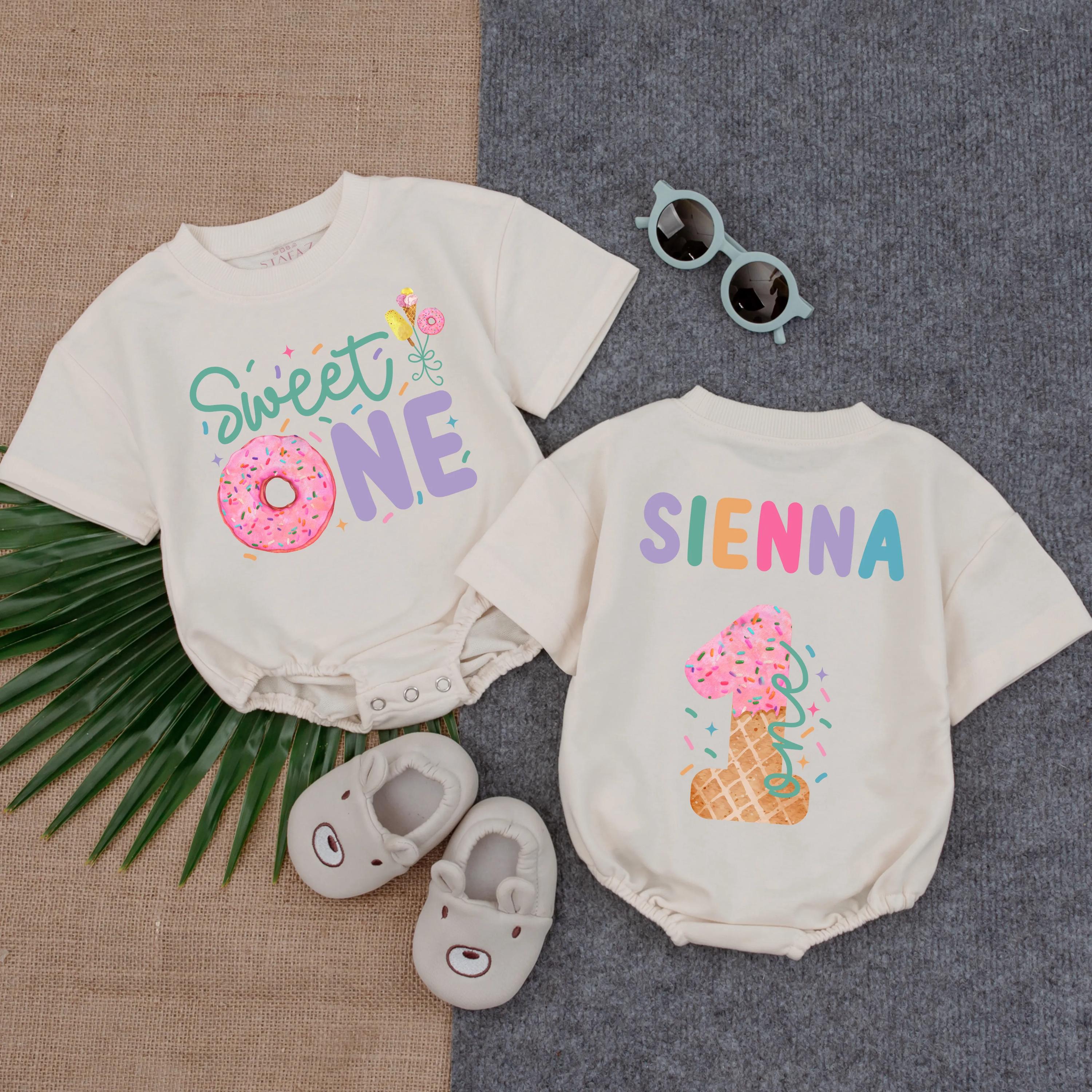 Customized Sweet One Birthday Romper with Ice Cream and Donut Design, First Birthday Baby Girl Outfit, Toddler Summer Gift, Party Clothes