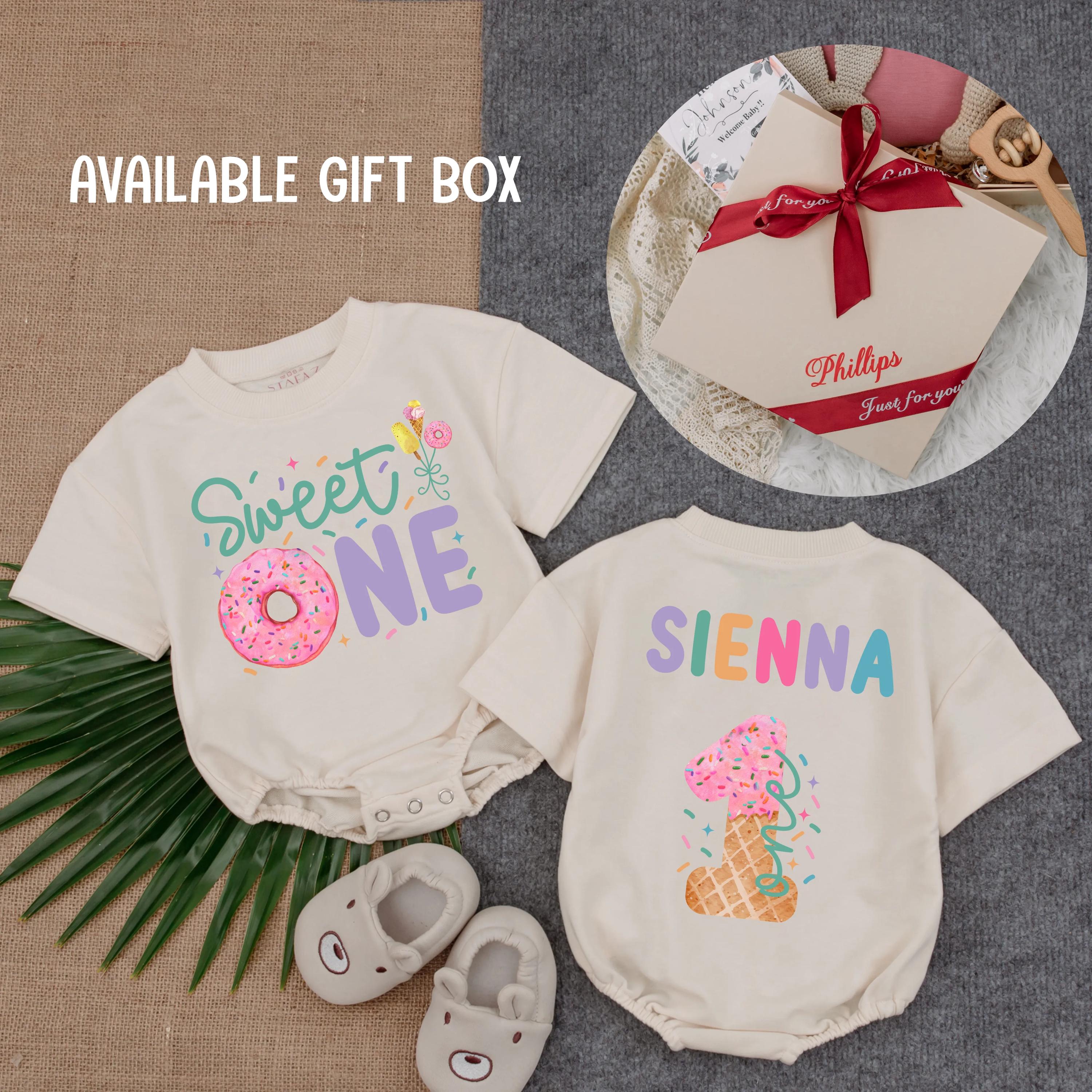 Customized Sweet One Birthday Romper with Ice Cream and Donut Design, First Birthday Baby Girl Outfit, Toddler Summer Gift, Party Clothes