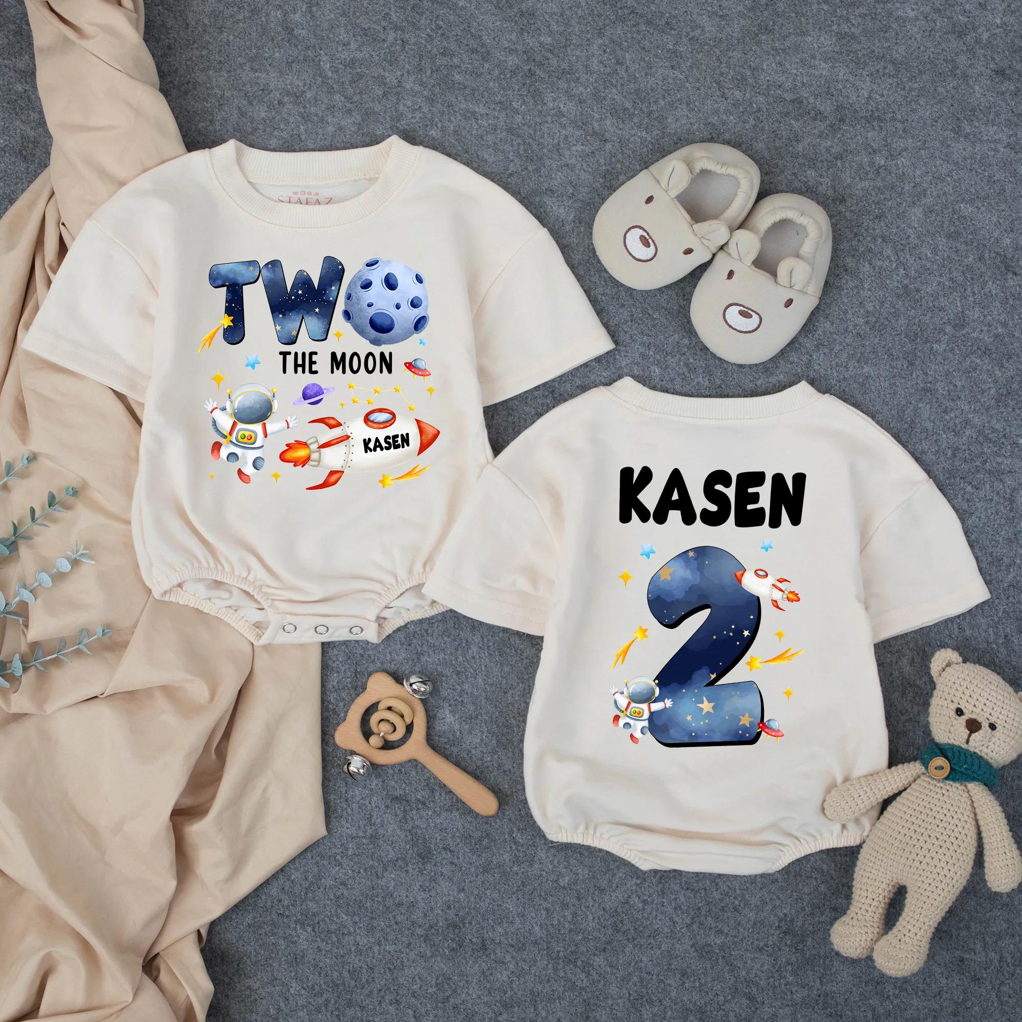Customized Two the Moon Birthday Romper with Astronaut and Rocket Space-Themed 2nd Birthday Outfit for Baby or Toddler Party Gift