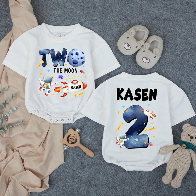 Customized Two the Moon Birthday Romper with Astronaut and Rocket Space-Themed 2nd Birthday Outfit for Baby or Toddler Party Gift
