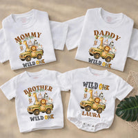 Customized Wild One Safari Family Shirts and Baby Romper, Zoo 1st Birthday Outfit with Cartoon Animals, Soft Cotton Party Clothes Gift